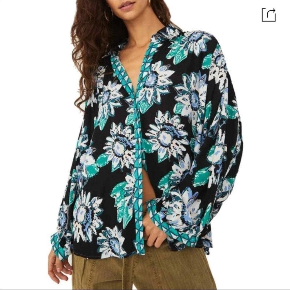 FREE PEOPLE Good Vibrations Printed Blouse Floral Black Green small